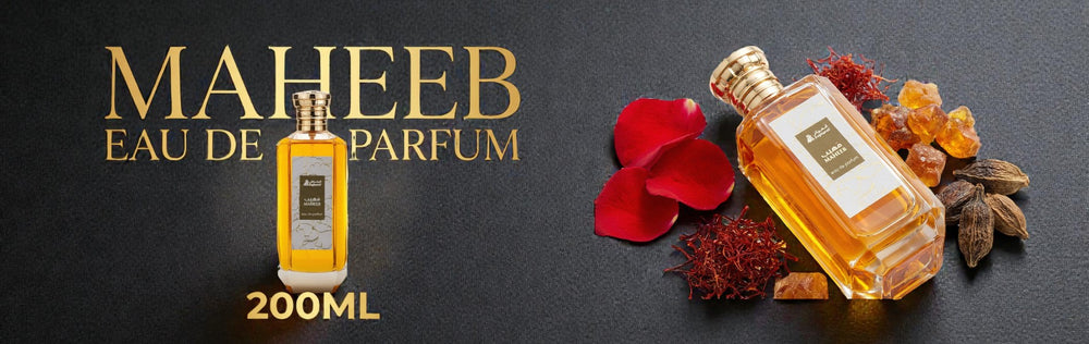 Maheeb Eau de Parfum bottles with floral and spice elements on a dark background
